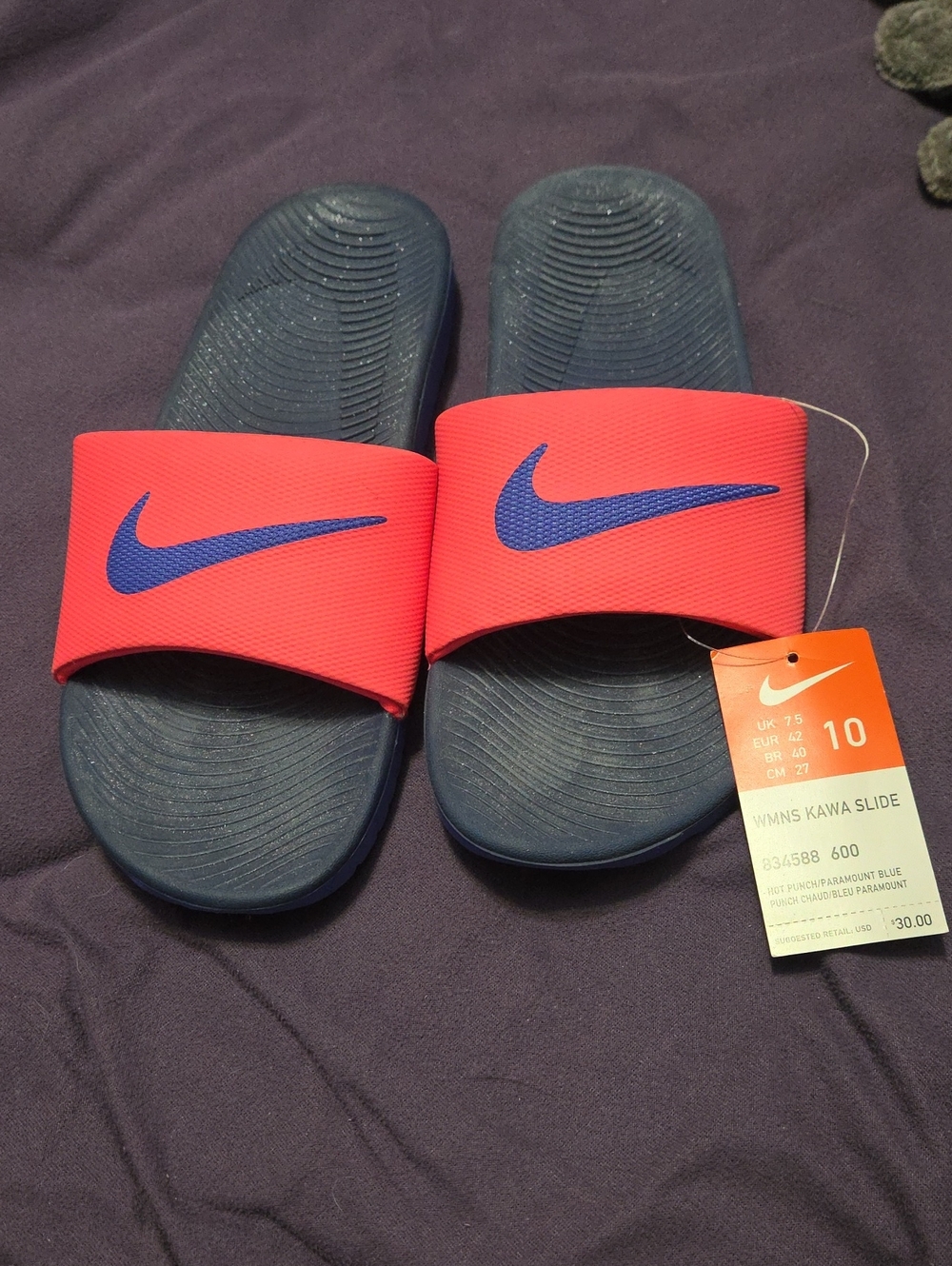 Nike Womans-mens Slide Sandals in Navy Blue and Bright Red with Blue Swoosh